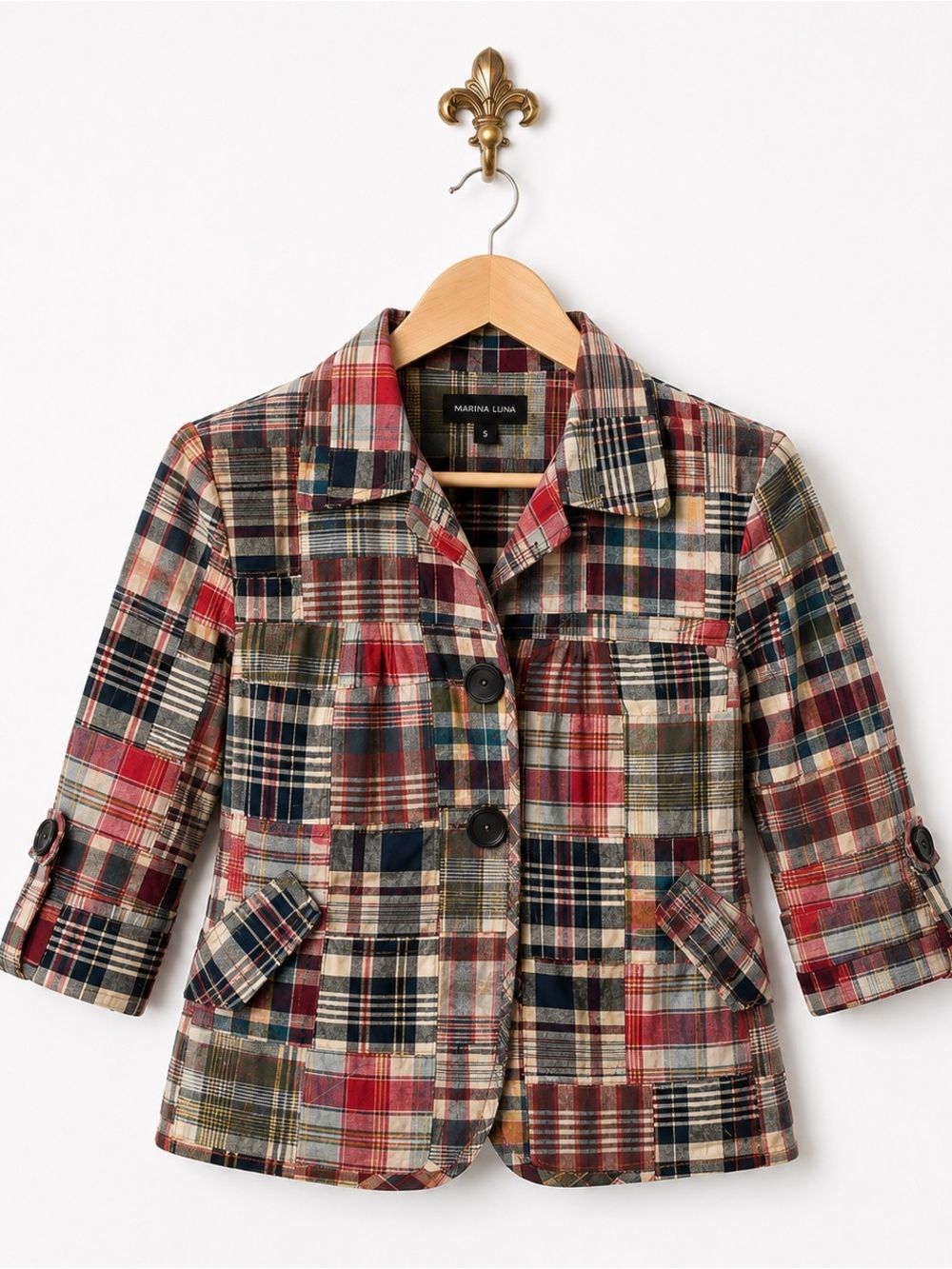 Marina Luna plaid 3/4 sleeve button sharp shoulder blazer S